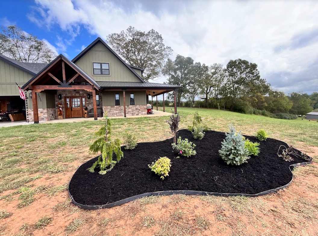 Fresh black mulch and ornamental shrubs transform this front yard in Seymour, TN into a clean, polished landscape.